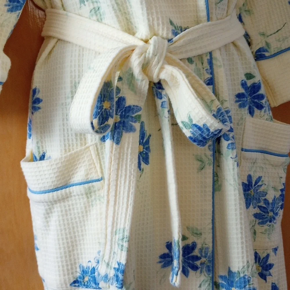 Waffle Weave Bath Robe Yellow and Blue M - Picture 8 of 13